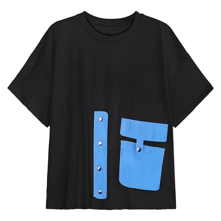 Stylish Loose O-neck Contrast Color Asymmetric Patchwork Pocket Short Sleeve T-shirt