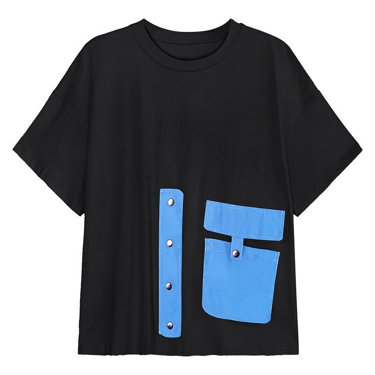 Stylish Loose O-neck Contrast Color Asymmetric Patchwork Pocket Short Sleeve T-shirt          