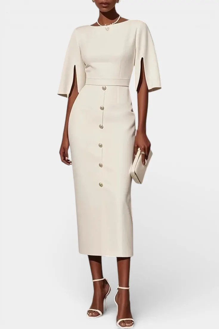 Boat-Neck Midi Dress with Split Cape Sleeves and Button Closure