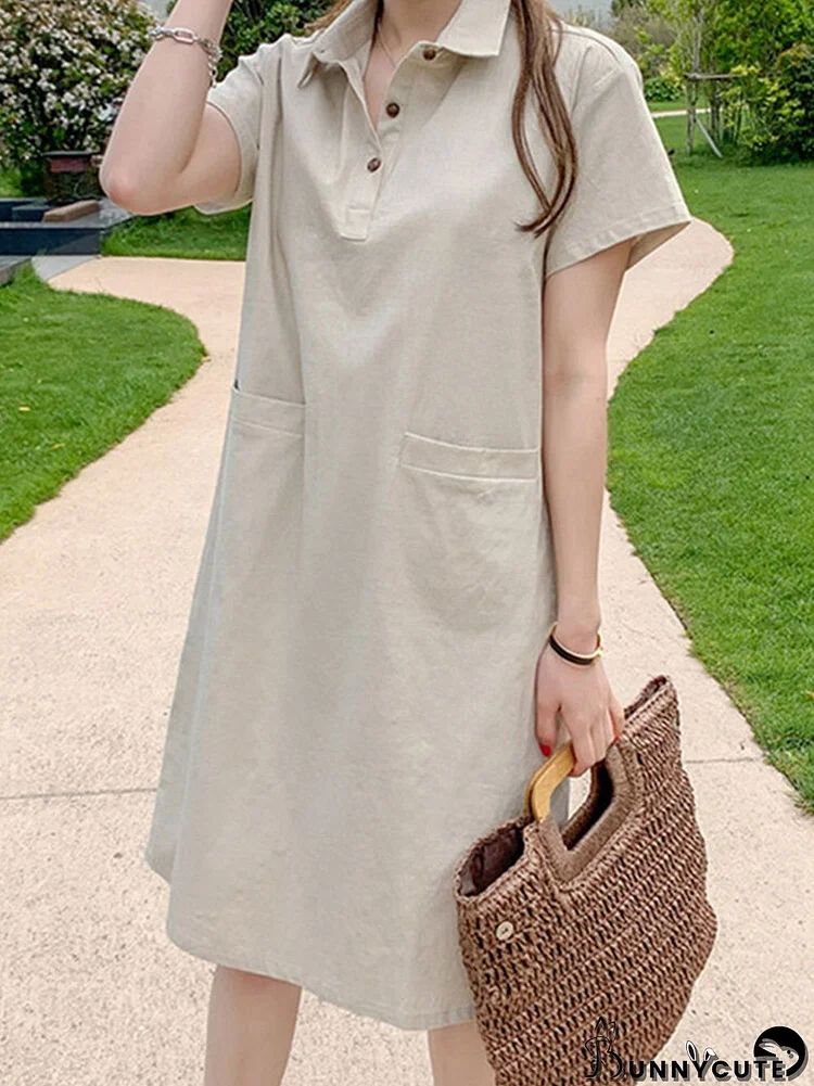 Leisure Solid Button Pocket Lapel Midi Dress