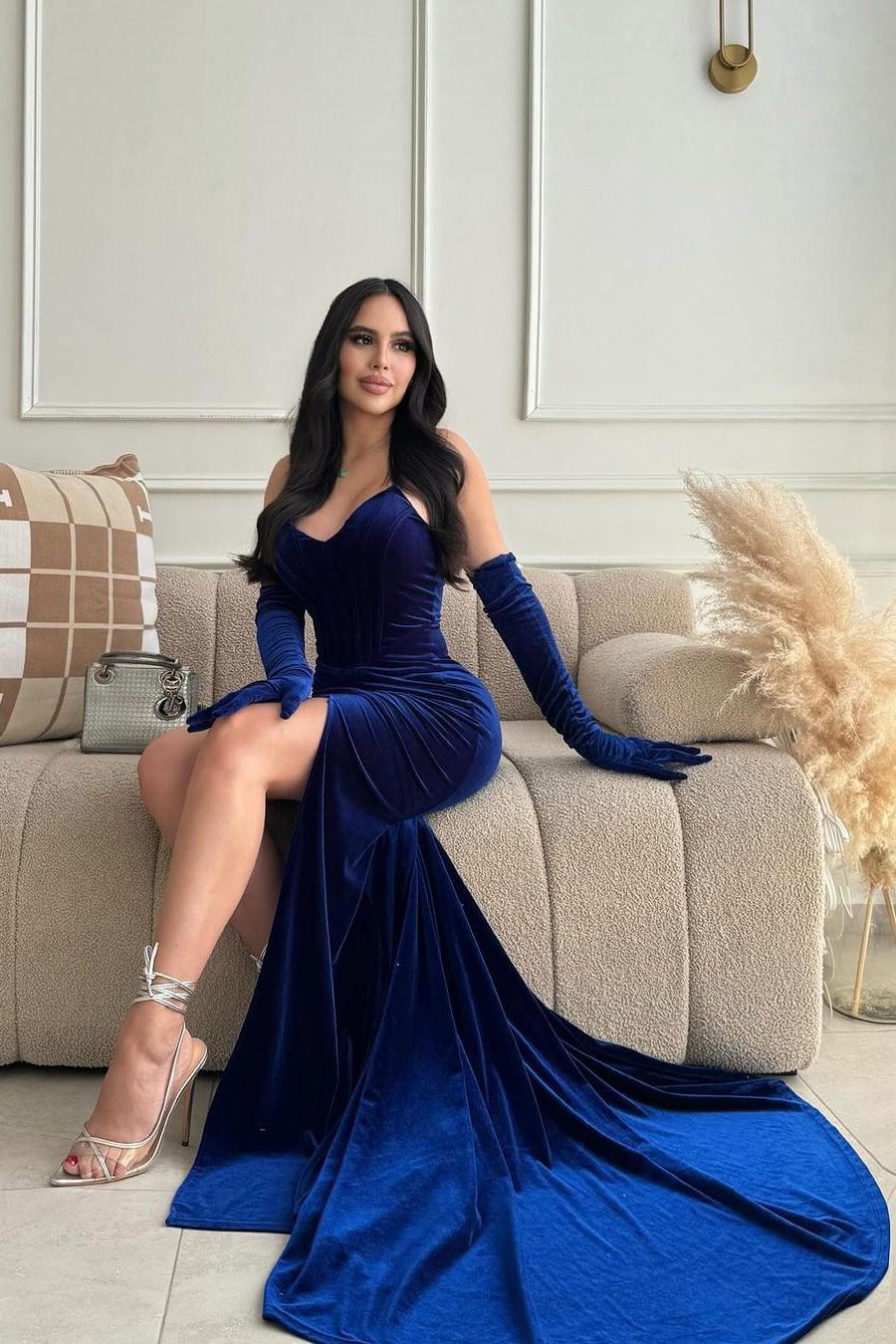 Lvs&Broner Sleeveless Strapless Split Long Prom Dress With Long Gloves