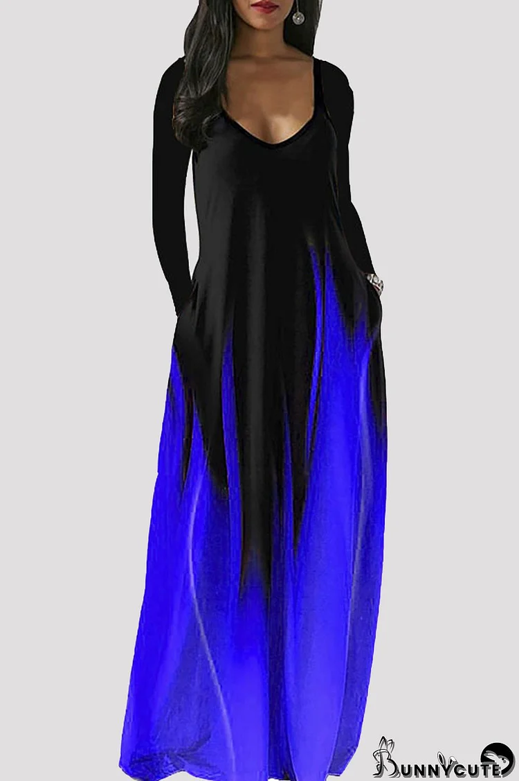Deep Blue Fashion Casual Print Basic V Neck Long Sleeve Dresses