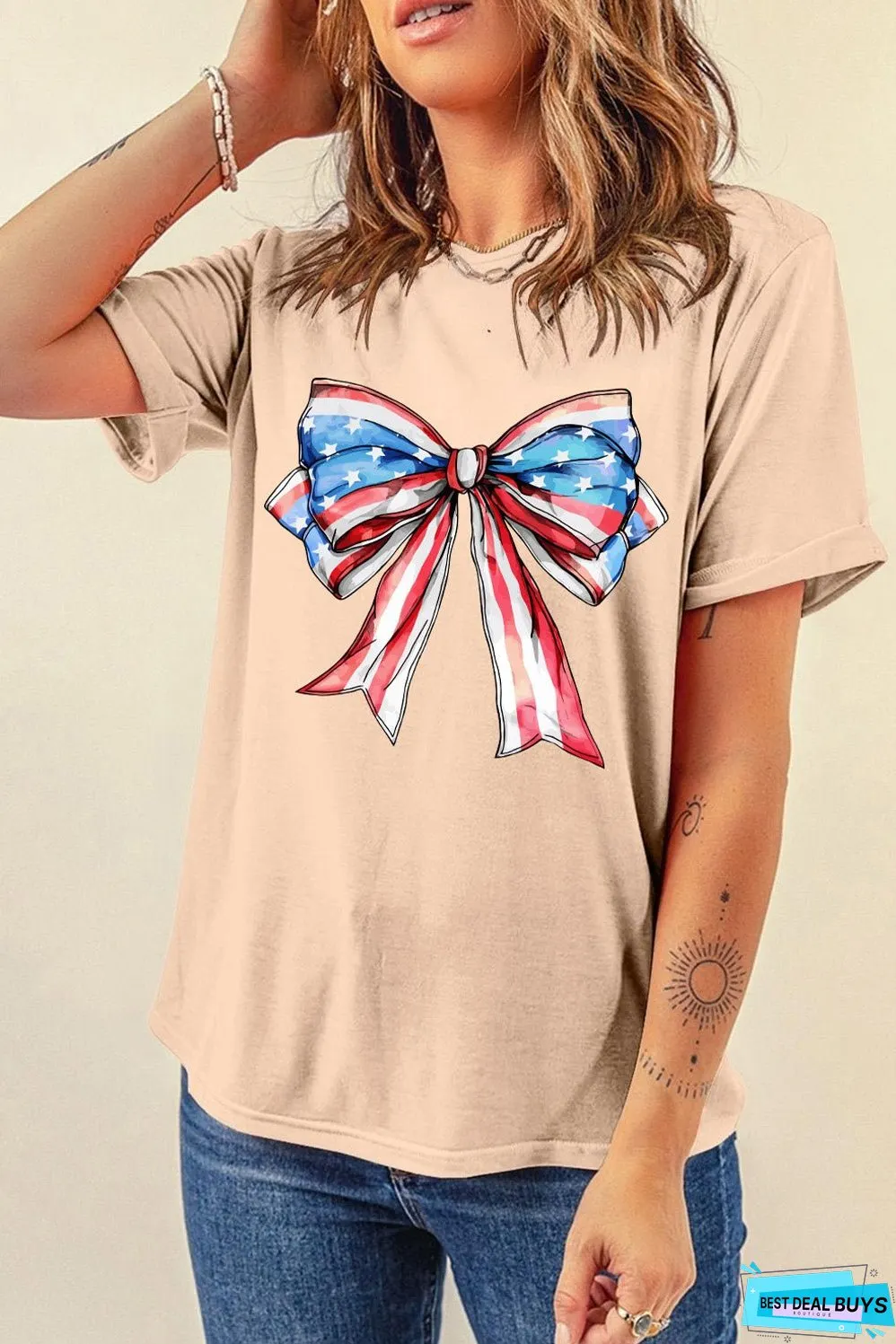 Bow Graphic Round Neck Short Sleeve T-Shirt