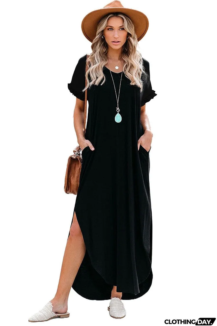 Loose Fit Cotton Blend V Neck Maxi Dress with Slits