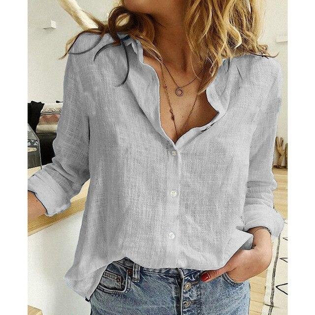 5XL White Print Womens Shirts Plus Size Button Up Shirt Spring Cotton Linen Top Leisure Lapel Long Sleeve Loose Blouse OL Blusas - Shop Trendy Women's Fashion | TeeYours