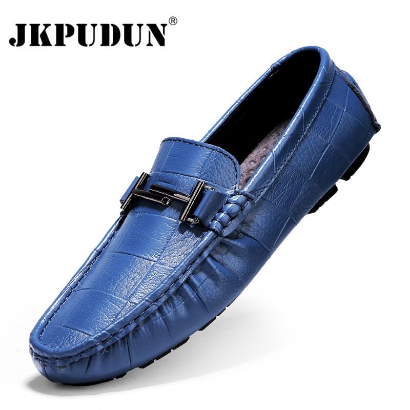Genuine Leather Men Shoes Luxury Brand Casual Slip on Formal Loafers Men Moccasins Italian Black Blue Male Driving Shoes JKPUDUN