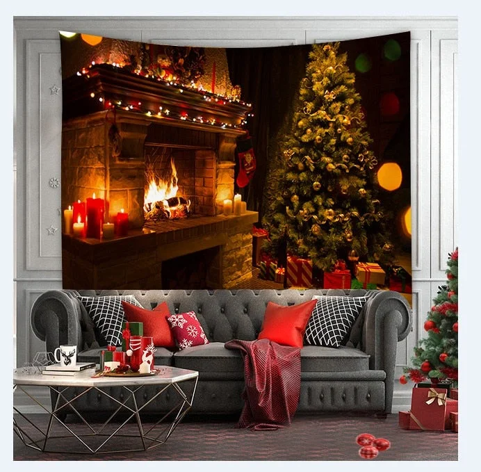 Christmas Tree Print Tapestry Wall Hanging Background Cloth Decor Red Santa Claus Polyester Tapestry Home Room Wall Decoration