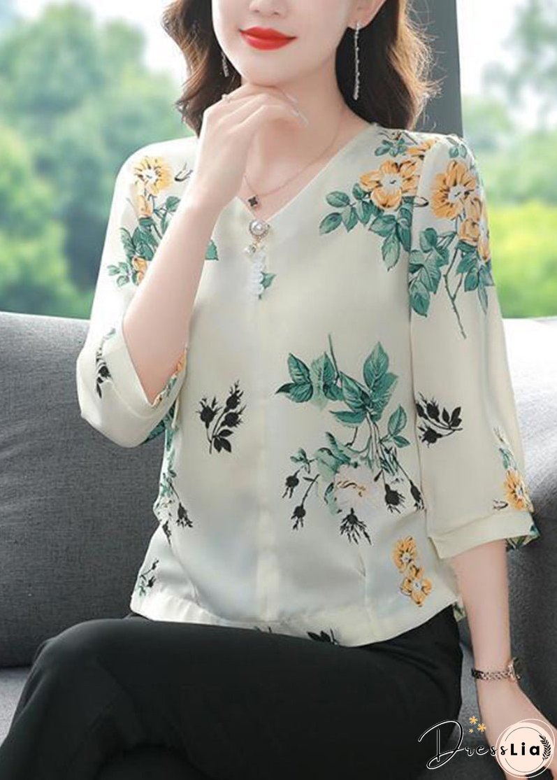 Green Leaf Print Chiffon Shirts V Neck Nail Bead Bracelet Sleeve