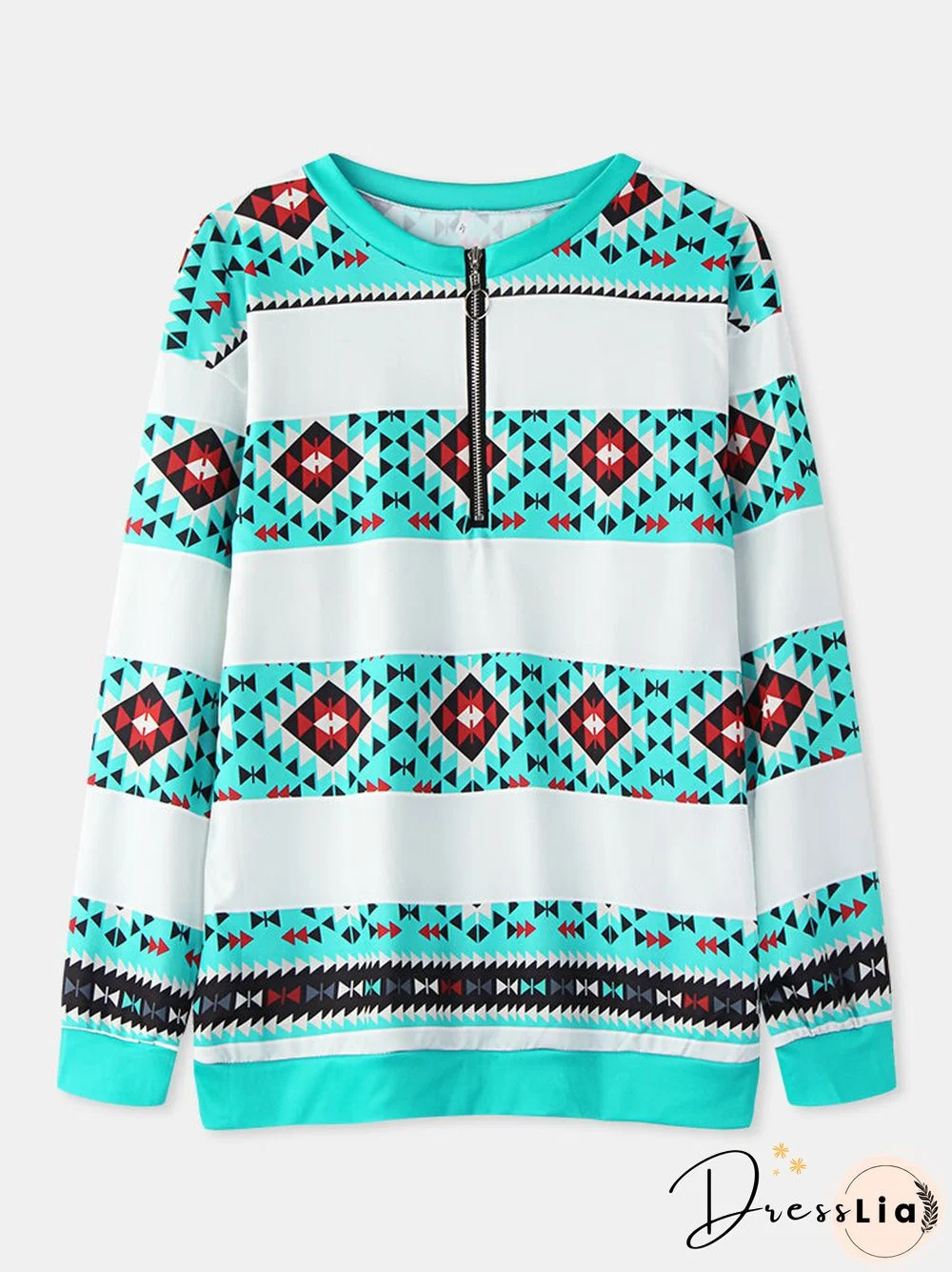 Print Patchwork Zip Front V-neck Long Sleeve Casual Sweatshirt