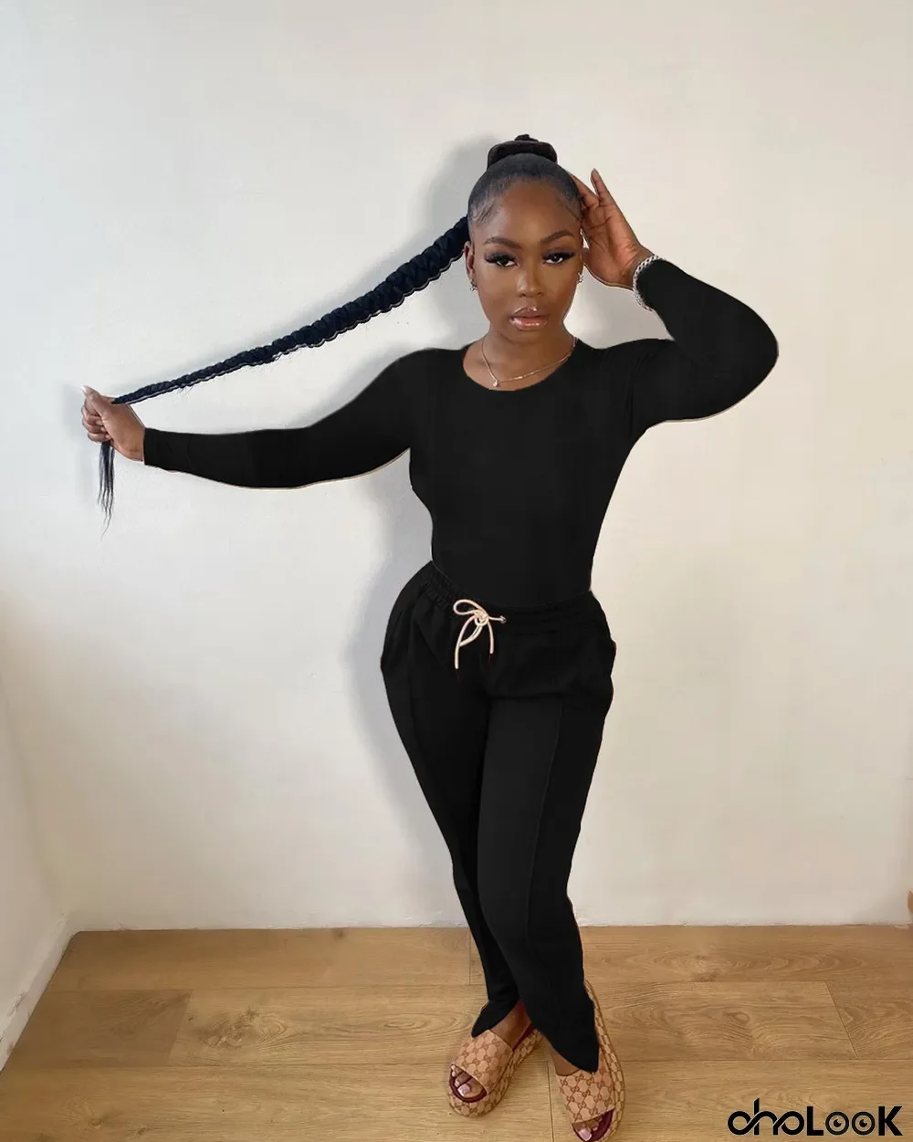 Solid Long Sleeve Lace Up Split Pants 2 Piece Sets