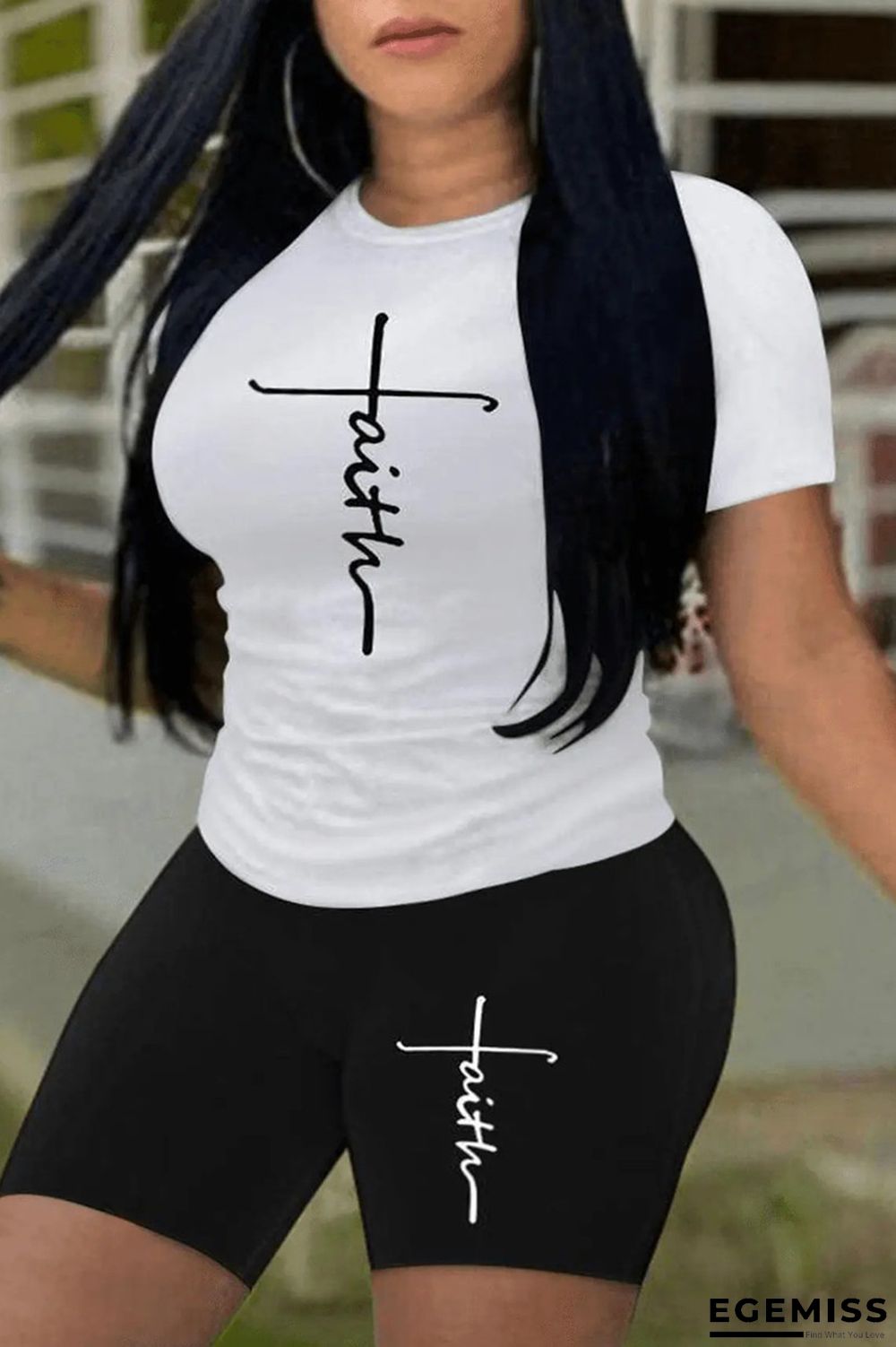 White Fashion Casual Print Basic O Neck Short Sleeve Two Pieces | EGEMISS