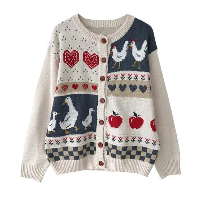 Cottagecore Vintage-Style Casual Loose fruits and Animals Printed Sweater Cardigan Novameme