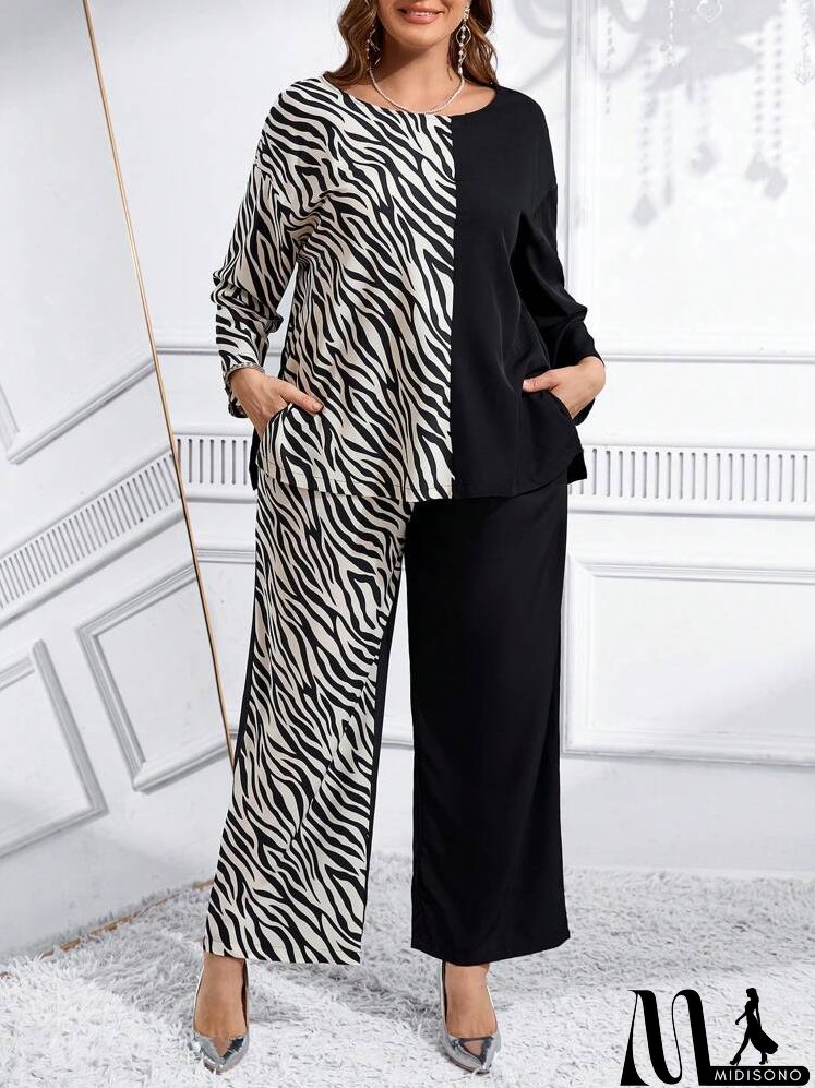 2pcs/Set Plus Size Solid Color Splice Long Sleeve Top And Pants Casual Suit