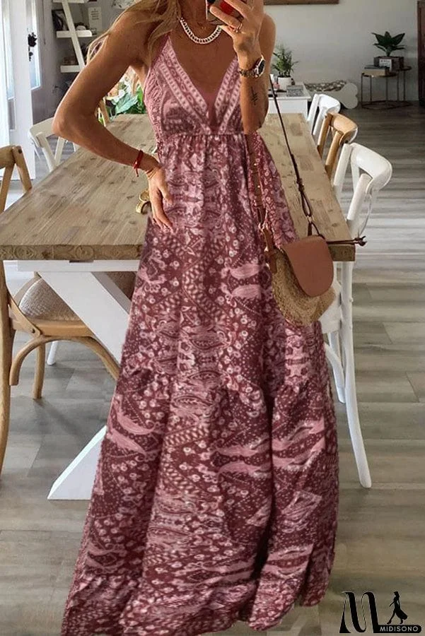 MidiSono - Celeste Boho Printed Strap Elastic Waist Maxi Dresses