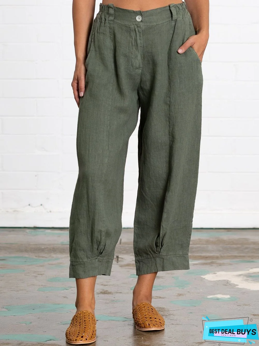 Linen Women Loose Capri Pants With Pockets