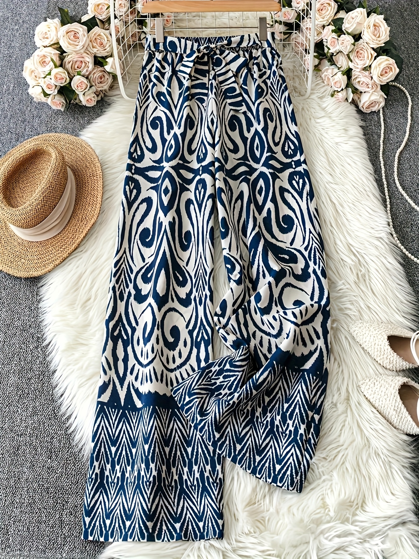 Floral Print Wide-Leg Pants With Elastic Waistband | Women's Loose Fit Long Length Casual Trousers For Vacation & Casual Attire, Machine Washable, Spring Summer Fall | IFYHOME