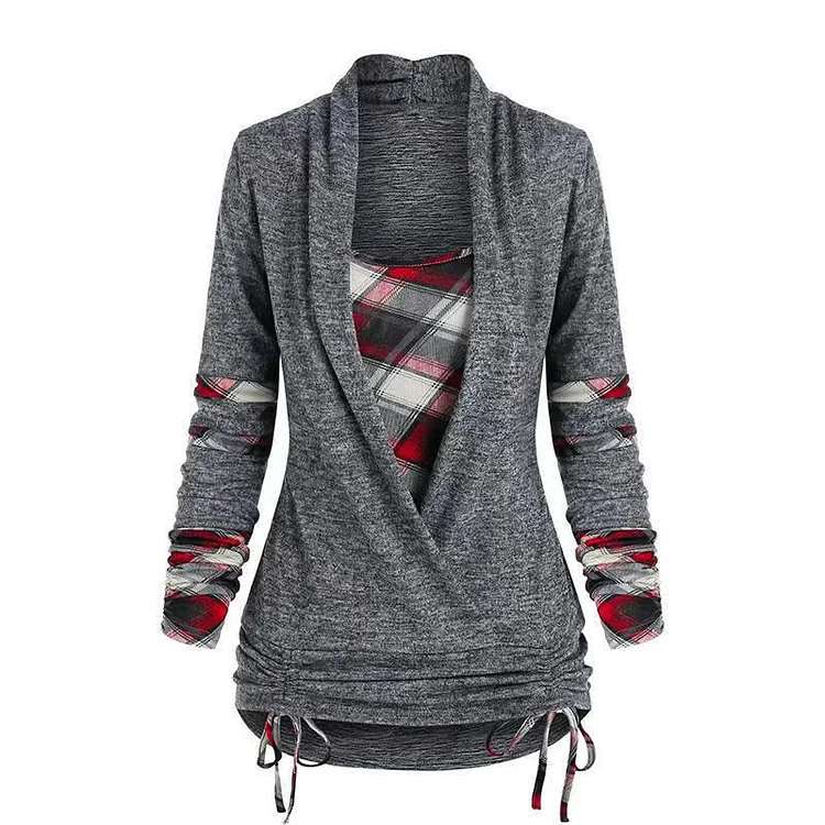 Plaid Print Draw String Long Sleeve Sweatshirt - Modakawa modakawa