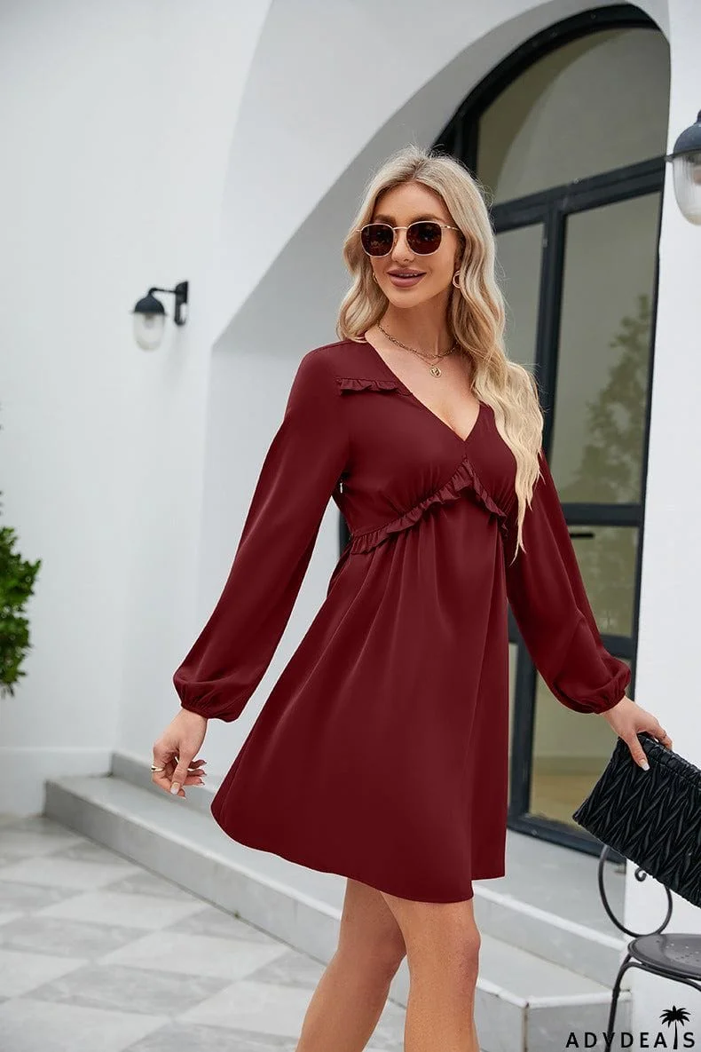 Frill Trim V-Neck Long Sleeve Dress