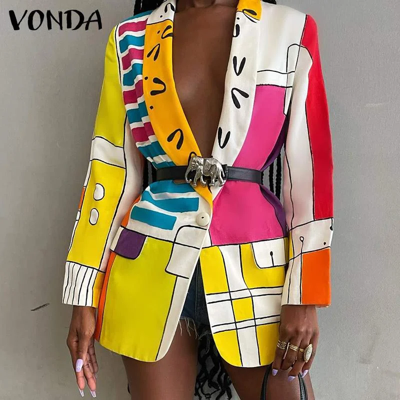 Women Long Sleeve Office Blazer 2022 VONDA Formal Coat Jackets Casual Turn Down Collar Printed Suit Blazer Outerwear Veste Femme