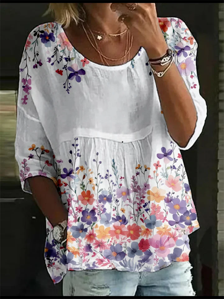 Women's T-Shirt Loose Printed Mid Sleeve Pleated Round Neck Top