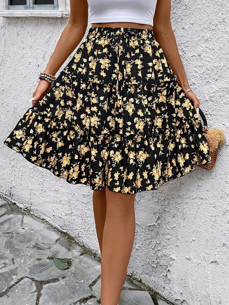 Women's Floral Print Skirt With Tie-Waist Detail - Black & Golden Floral Pattern, Summer Casual Style, Polyester Fabric, Machine Washable, Casual Summer Wear | Floral Print Skirt | Glossy Texture