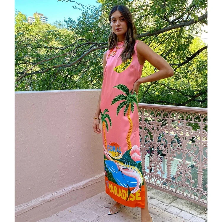 Vacation Sleveeless Jungle Printed Dress