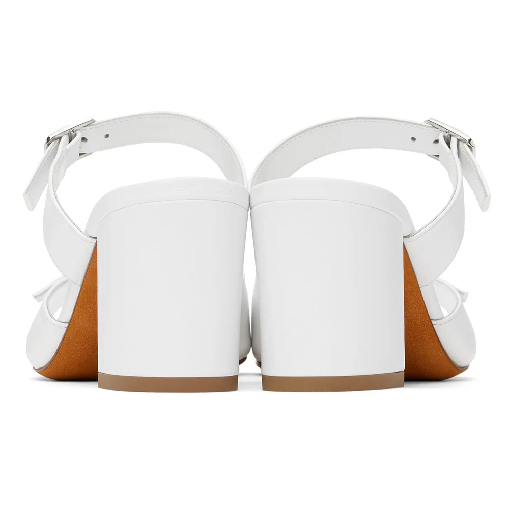 Round Toe Chunky Heel Buckle Strap Slide Sandals Women in White