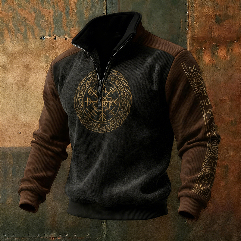 Men's Retro Viking Rune Pattern Casual Half-zip Sweater elevenforest