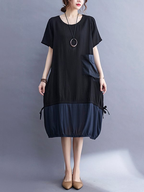 Casual Asymmetric Split-Joint Round-Neck Loose Short Sleeves Midi Dress