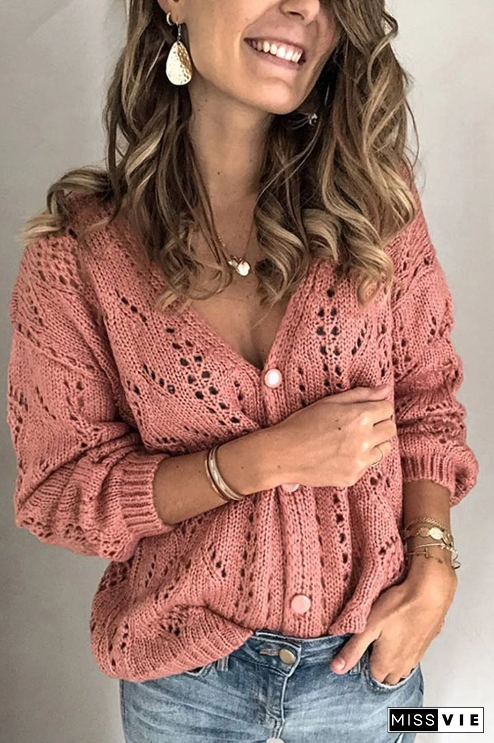Casual Solid Color Hollow V-neck Sweater