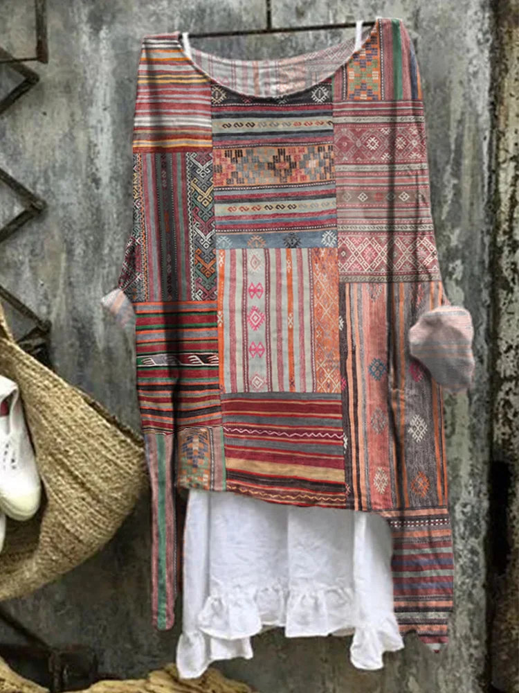 Women's Vintage Western Striped Print Linen Blend Shirt