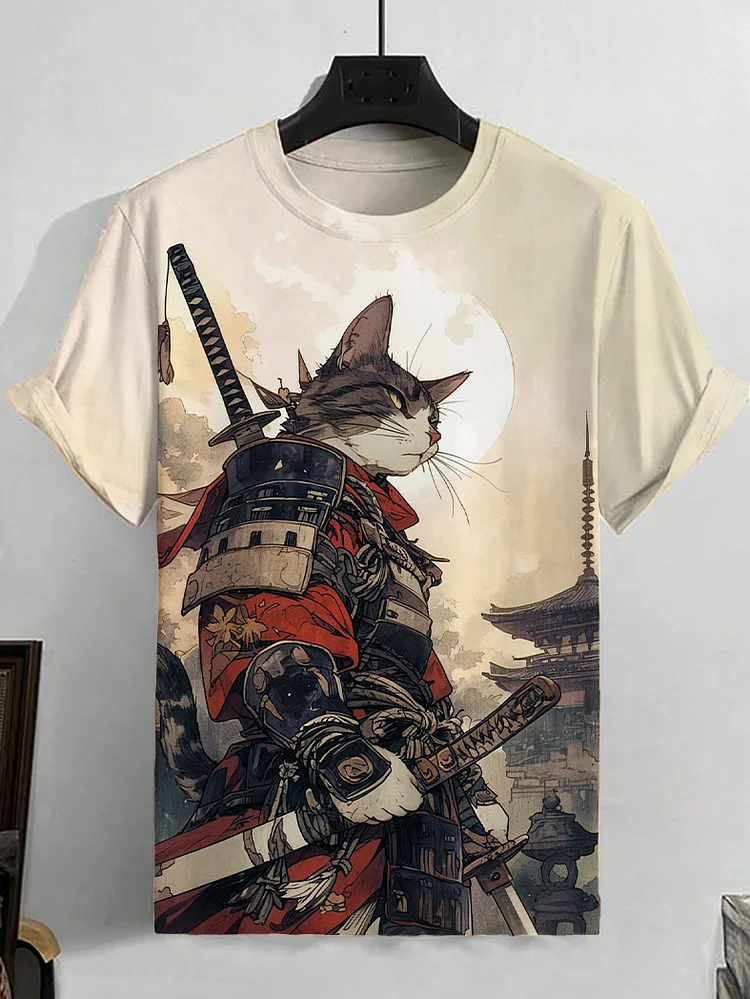Men's Cat Warrior Guard With Knife Art Print T-Shirt