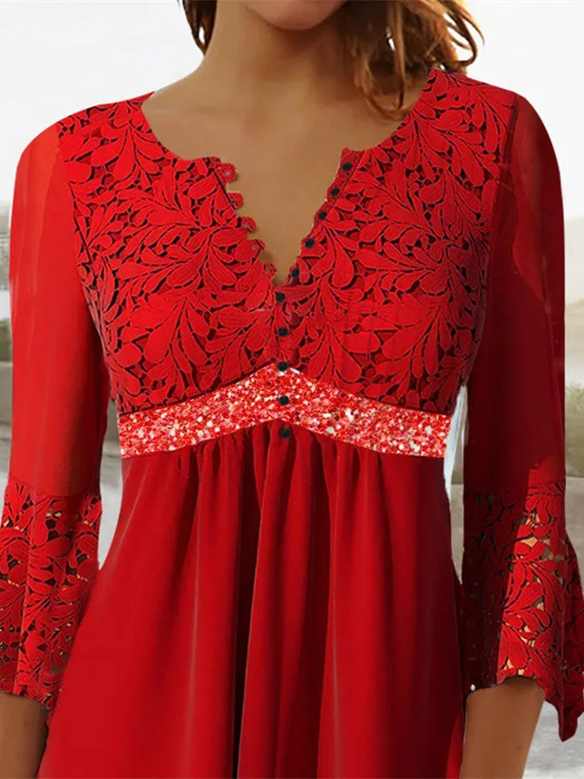 Women Half Sleeve V-neck Solid Color Dress