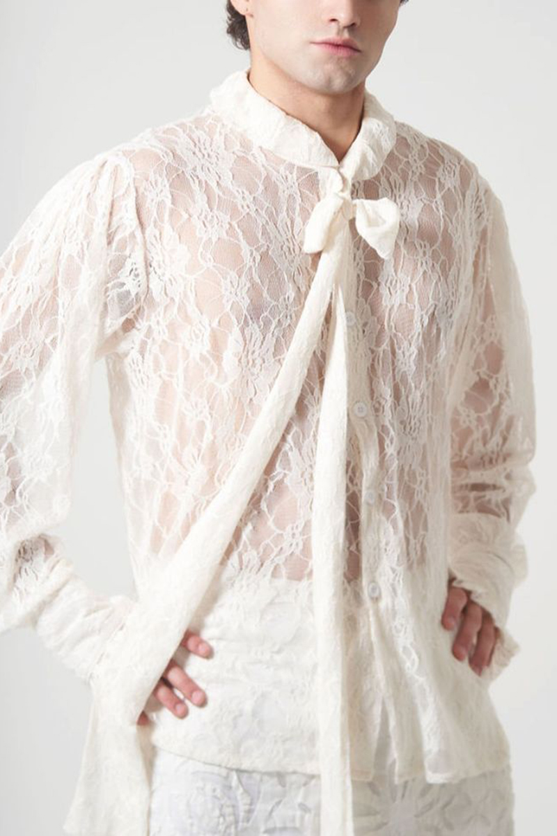 Lace Mesh See-Through Tie Neck Frilled Long Sleeve Shirt [Pre-Order]