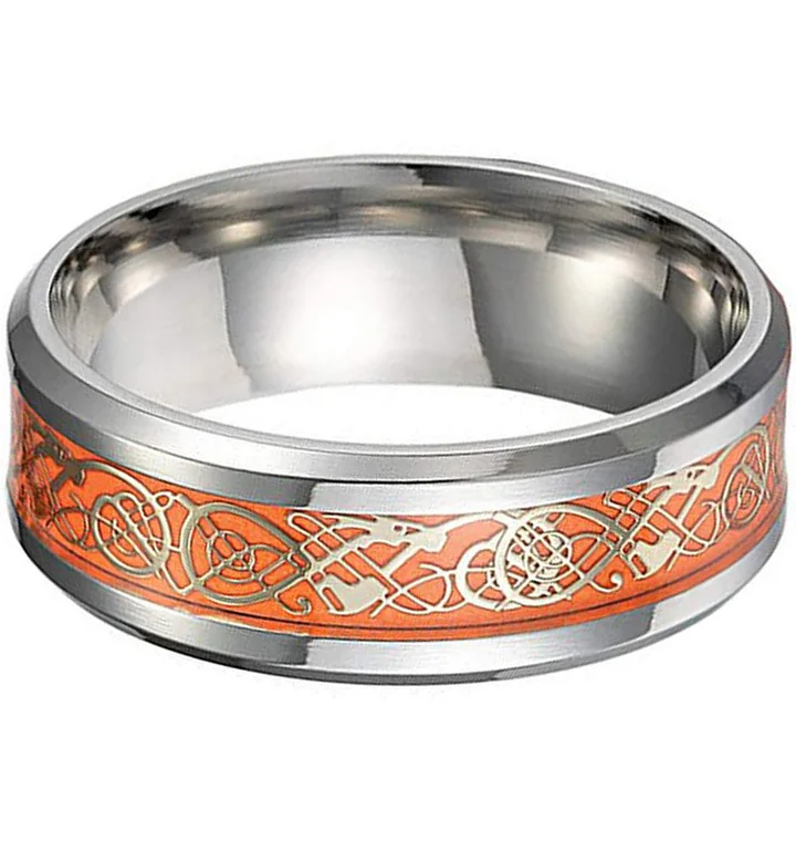6MM 8MM Silver Celtic Tungsten Wedding Orange Resin Inlay Gold Celtic Knot Glowing Tungsten Rings For Women Men