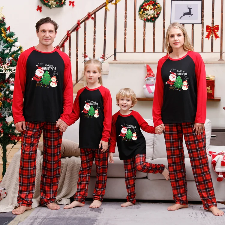 Merry Christmas Cute Santa & Snowman Red Plaids Family Matching Pajamas Set