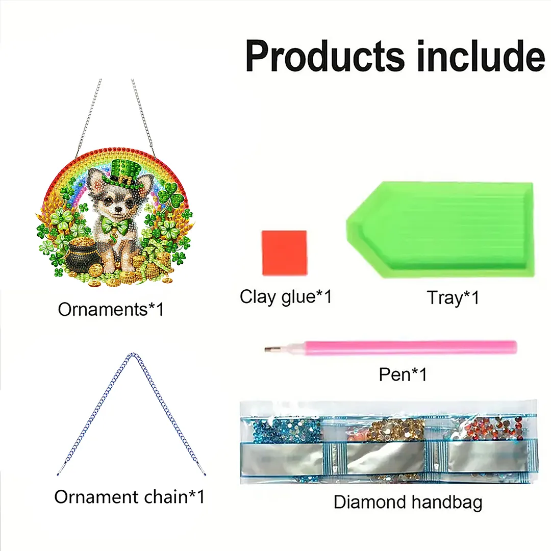 St Patricks Day Dog DIY 2D Flat Acrylic Diamond Painting Kits 5D Diamond Art Painting Window Pendants for Home Garden Wall Decoration