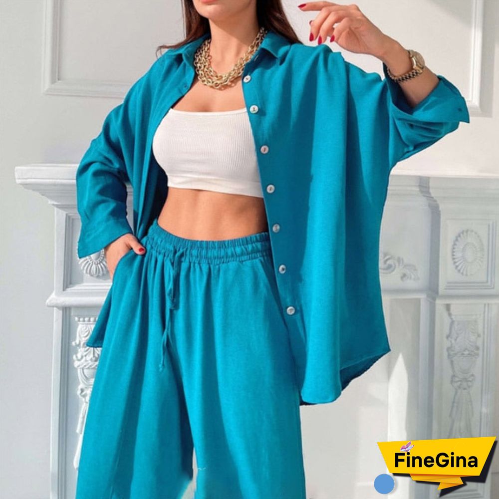 Fashion Street Solid Color Women Tracksuits Outfits Casual Suits Autumn Lapel Long Sleeve Shirt Tops + Harem Pants Two Piece Set