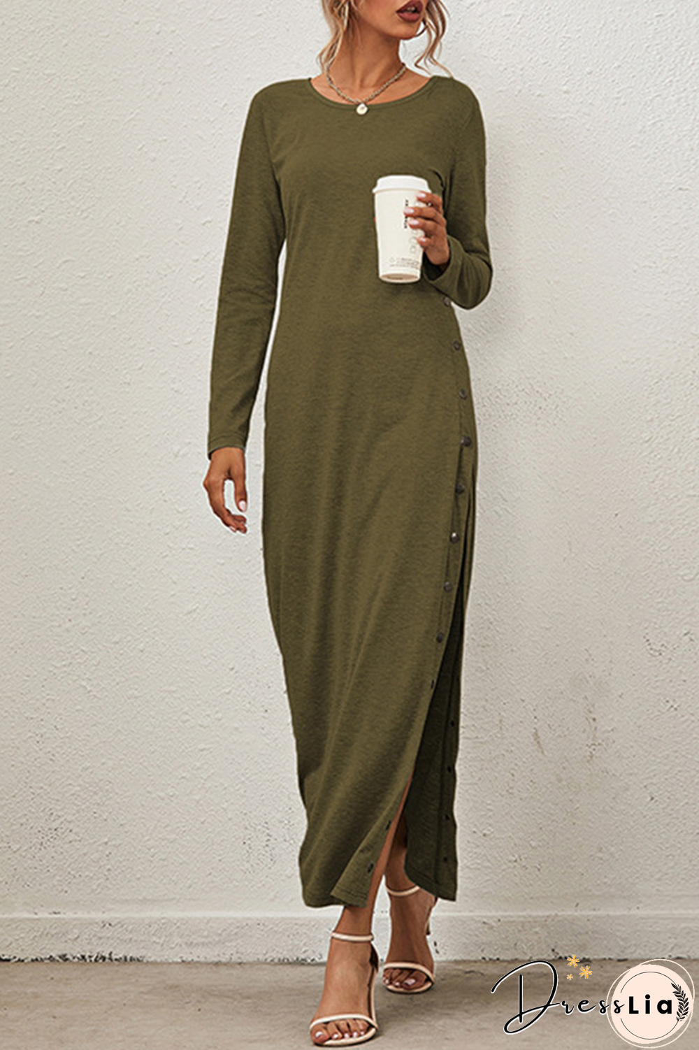 Solid Buckle Slit O Neck A Line Dresses(8 Colors)