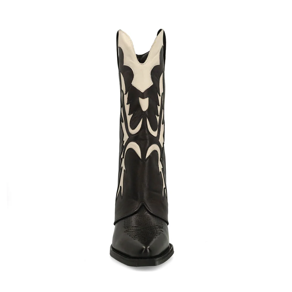 Black & Ivory Patchwork Inlay Fold Over Mid Calf Cowgirl Boots