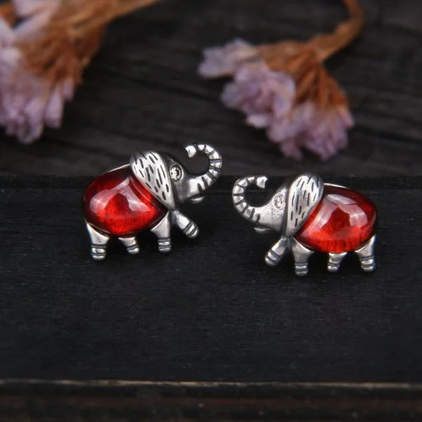 Sterling Silver Garnet Elephant Earrings