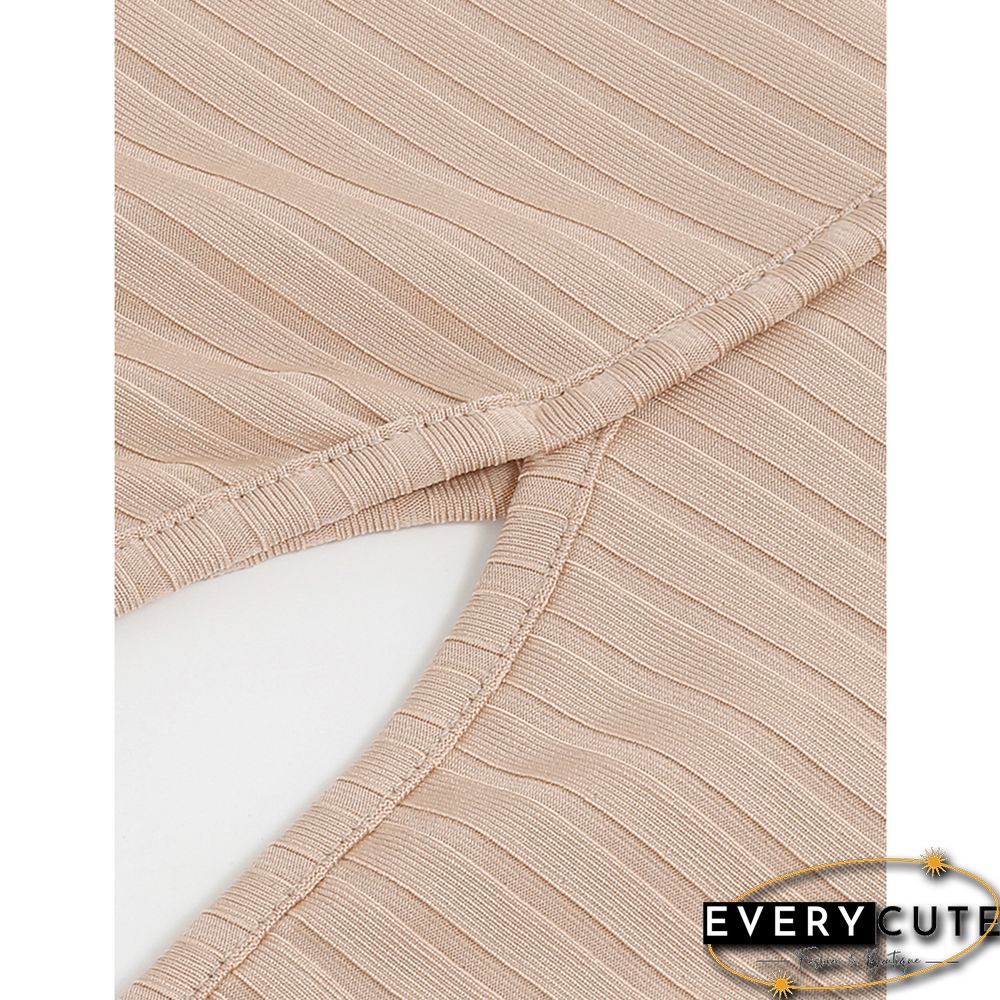 Khaki Ribbed Cut Out Side Split High Neck Maxi Dress