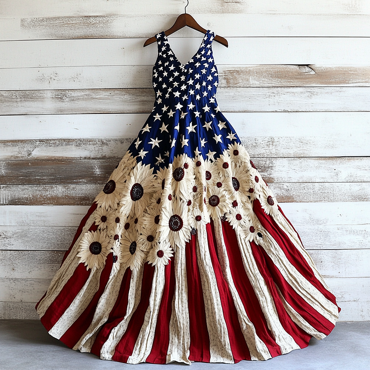Women's Vintage Independence Day Flag Sunflower Art Linen Midi Dress