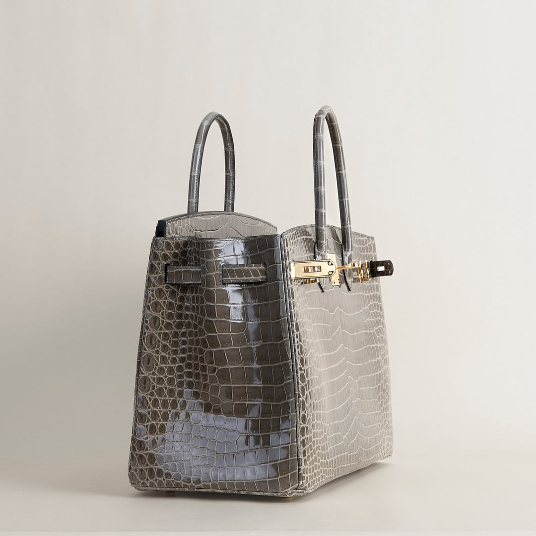 Birkin 35cm Shiny Porosus Crocodile 81 Gris tourterelle GHW