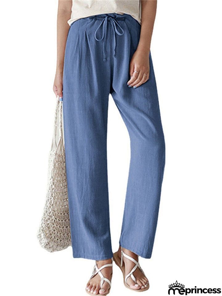 Female Leisure Solid Color Drawstring Linen Cotton Pants