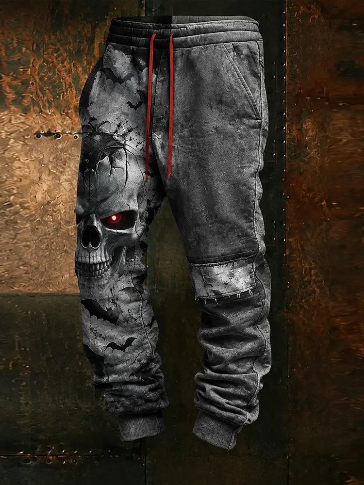 Halloween Skull Art Color-blocking Distressed Casual Sweatpants