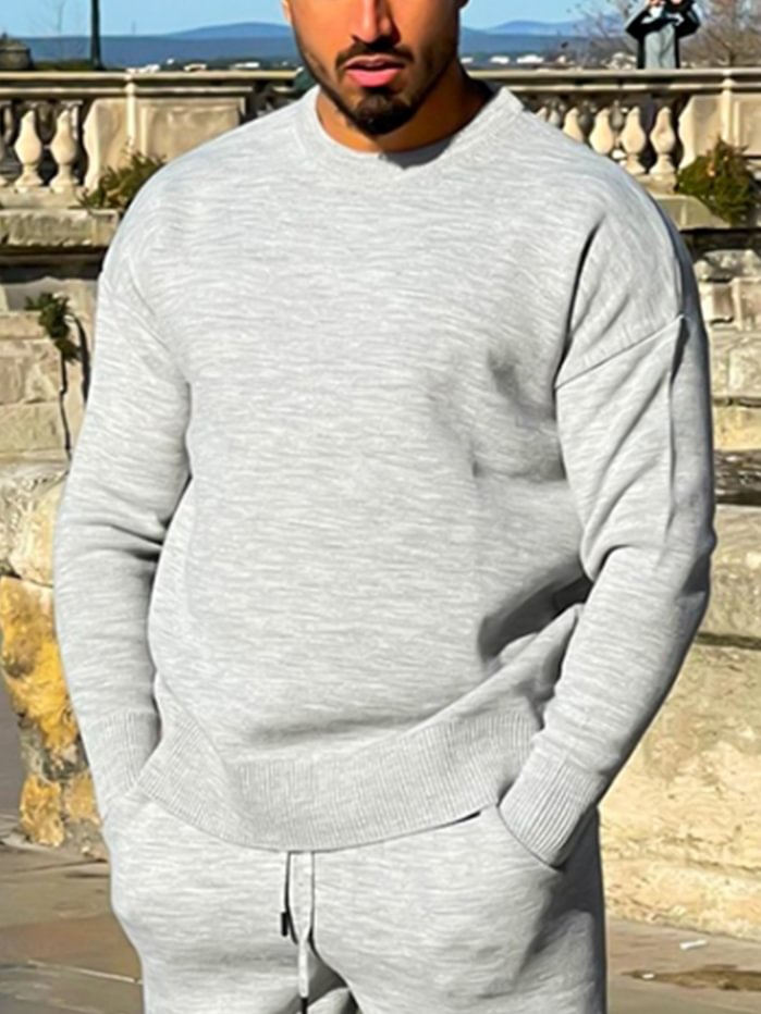  Men's Solid Grey Round Neck Casual Long Sleeve Sweater