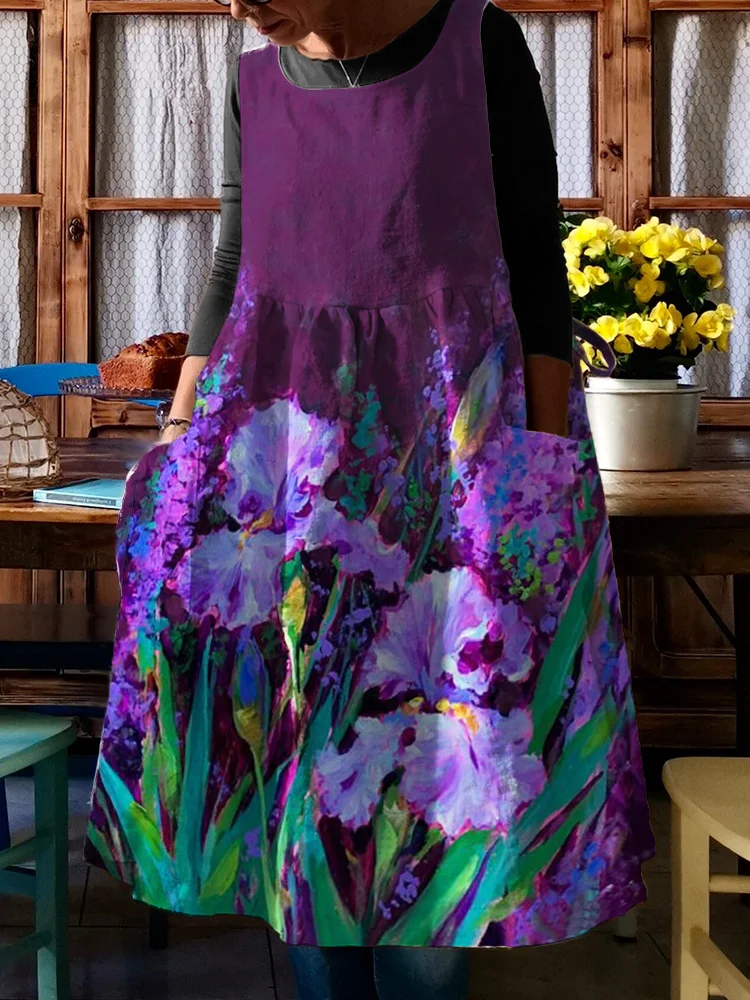 Elegant Purple Irises Art Pinafore Midi Dress