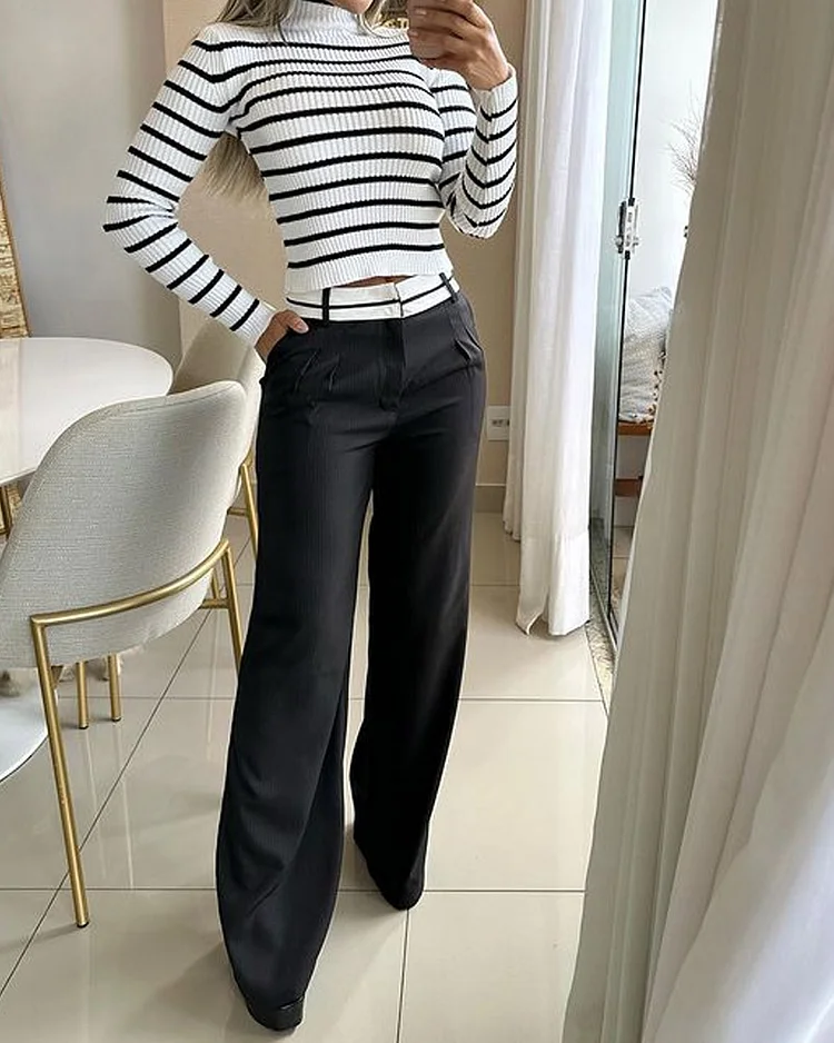 Striped Sweater Top & High Waist Casual Pants Two-piece Set