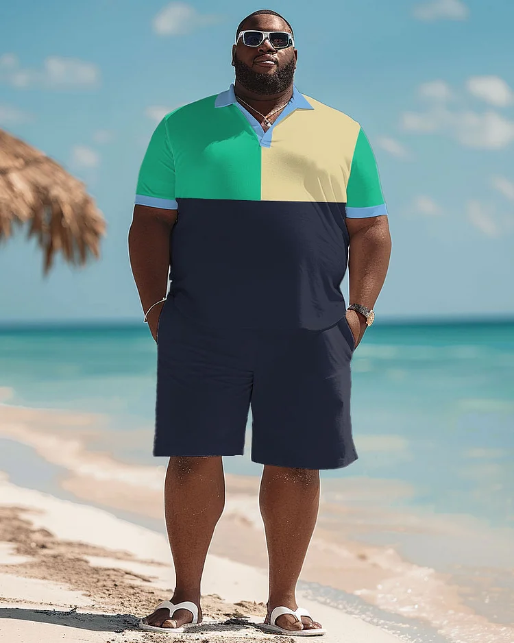 Men's Plus Size Hawaiian Colorblock Print Polo Shorts Suit